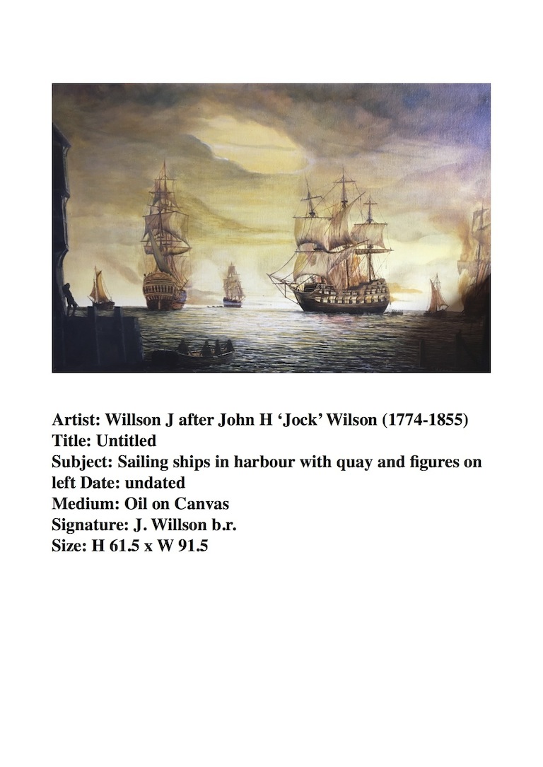 Wilson J after John H 'Jock' Wilson |Sailing ships in harbour with quay and figures on left  | McAtamney Gallery and Design Store | Geraldine NZ